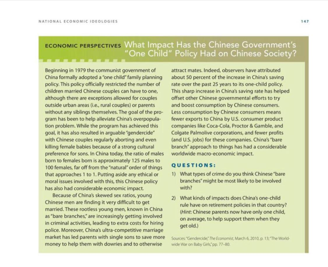 Read the Chinas One-Child Policy case (p. 147).