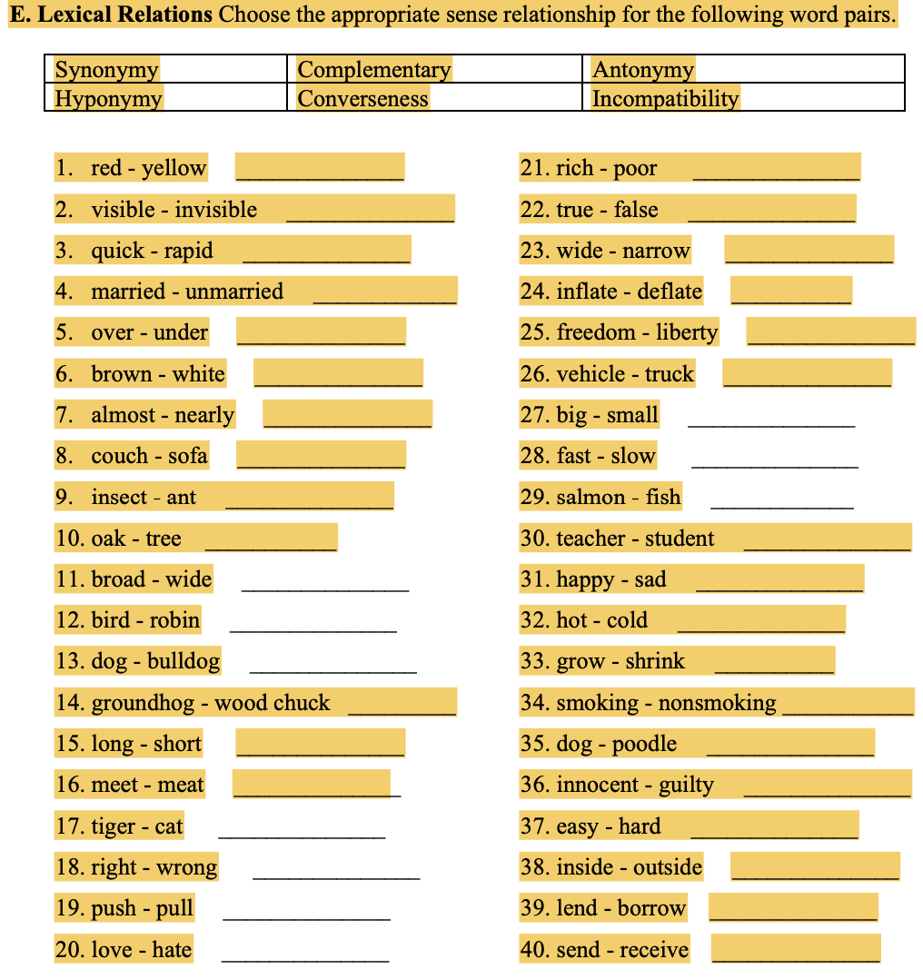 E. Lexical Relations Choose the appropriate sense