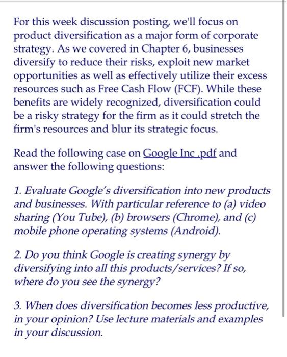 For this week discussion posting, we'll focus on