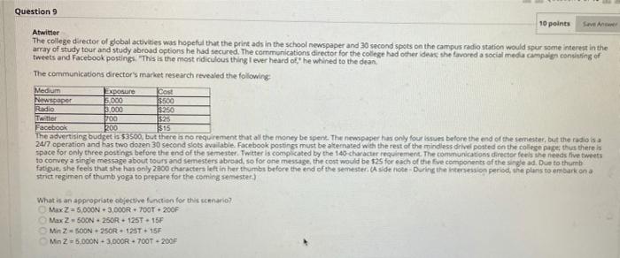 Question 9 10 points Save Atwitter The college