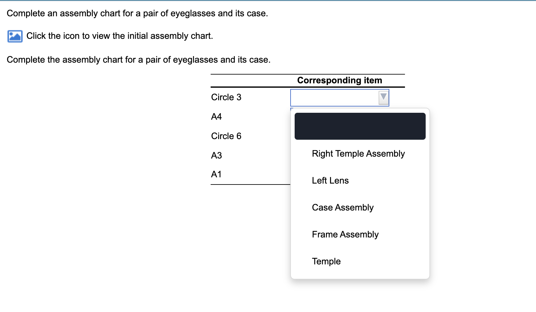 Complete an assembly chart for a pair of