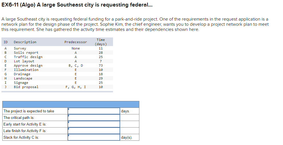 EX6-11 (Algo) A large Southeast city is