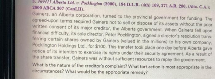 3. 369413 Alberta Ltd. v. Pocklington (2000), 194