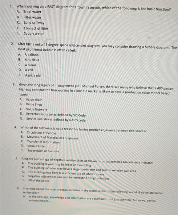 1. When working on a FAST diagram for a town