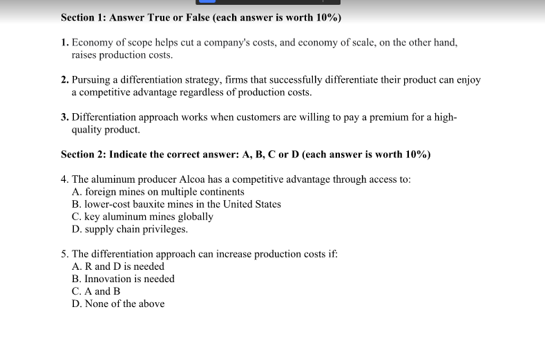 Section 1: Answer True or False (each answer is