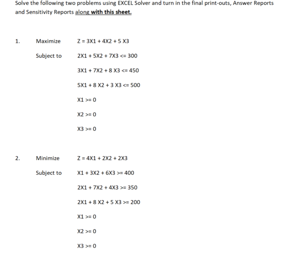 Solve the following two problems using EXCEL