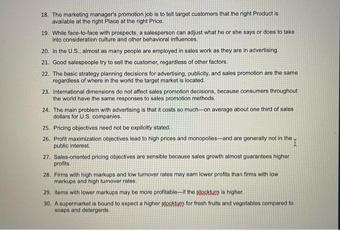 True or false PLEASE READ EACH STATEMENT AND