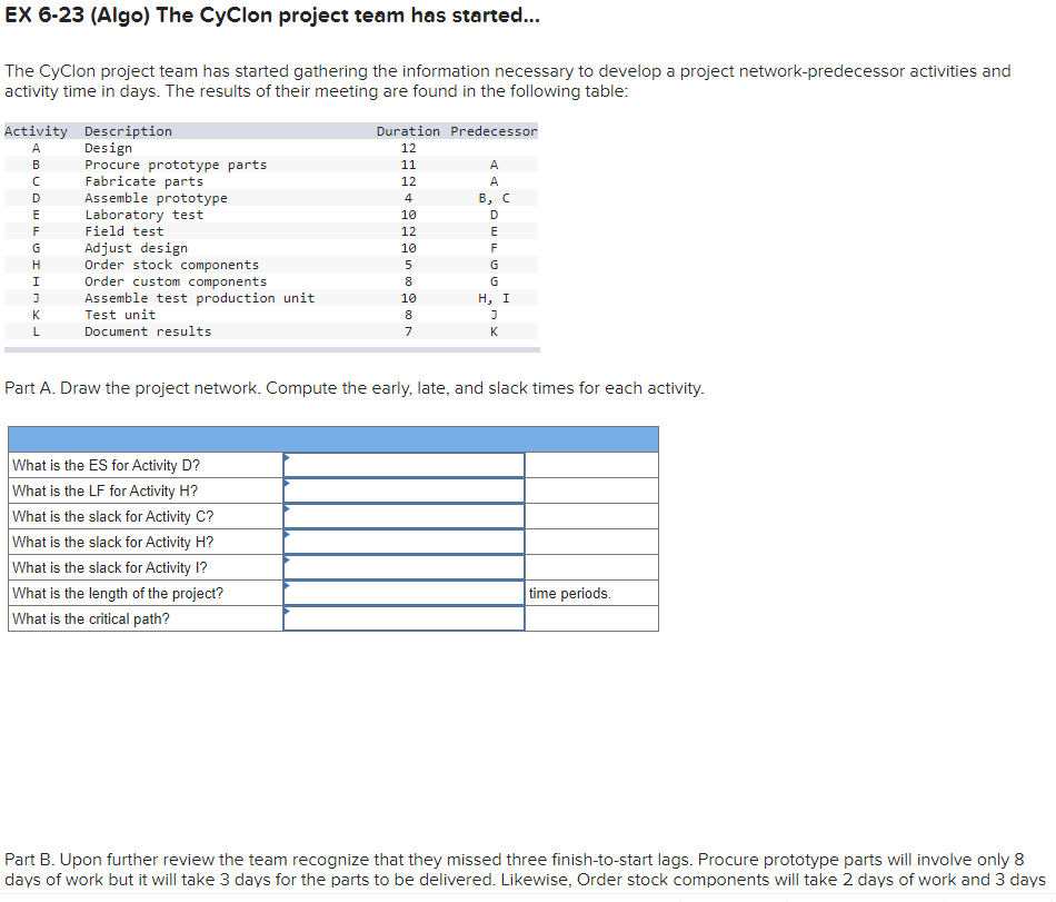 EX 6-23 (Algo) The Cyclon project team has