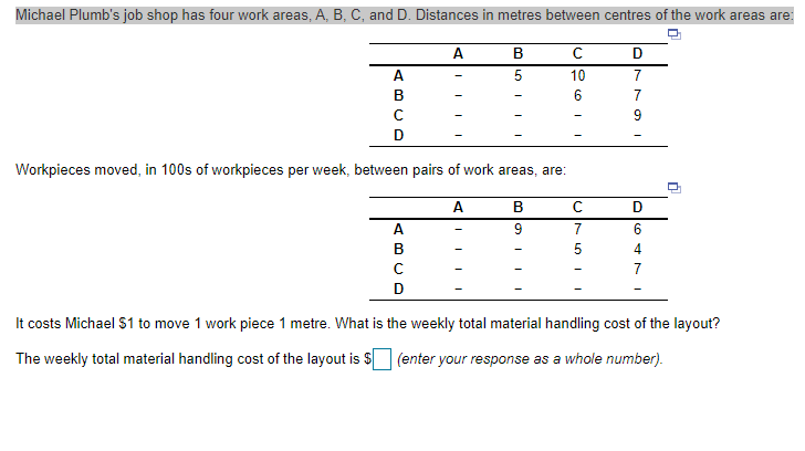 It costs Michael $ to move 1 work piece 1 metre.