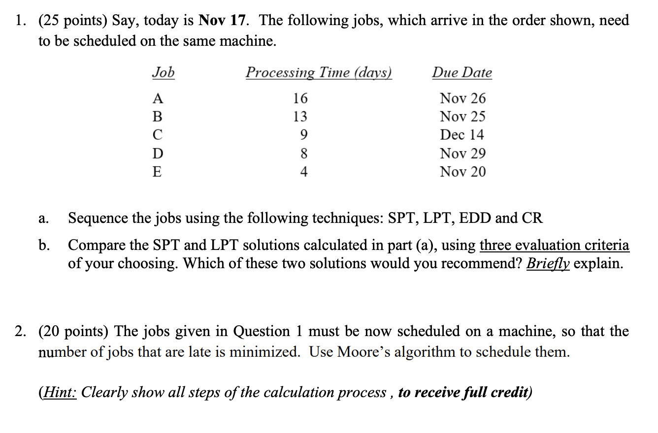 1. (25 points) Say, today is Nov 17. The