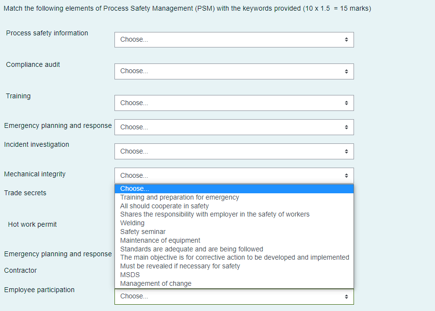 Match the following elements of Process Safety