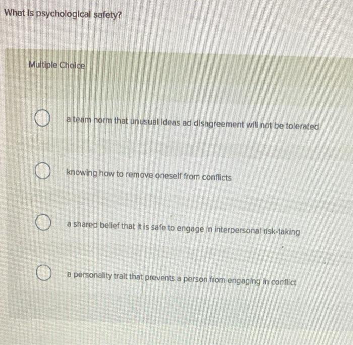 What is psychological safety? Multiple Choice a