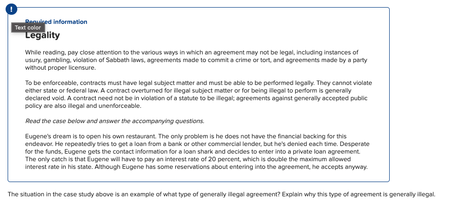 Recuired information Text color Legality While