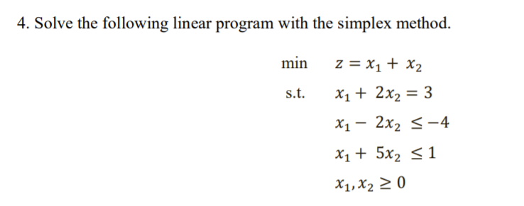 4. Solve the following linear program with the