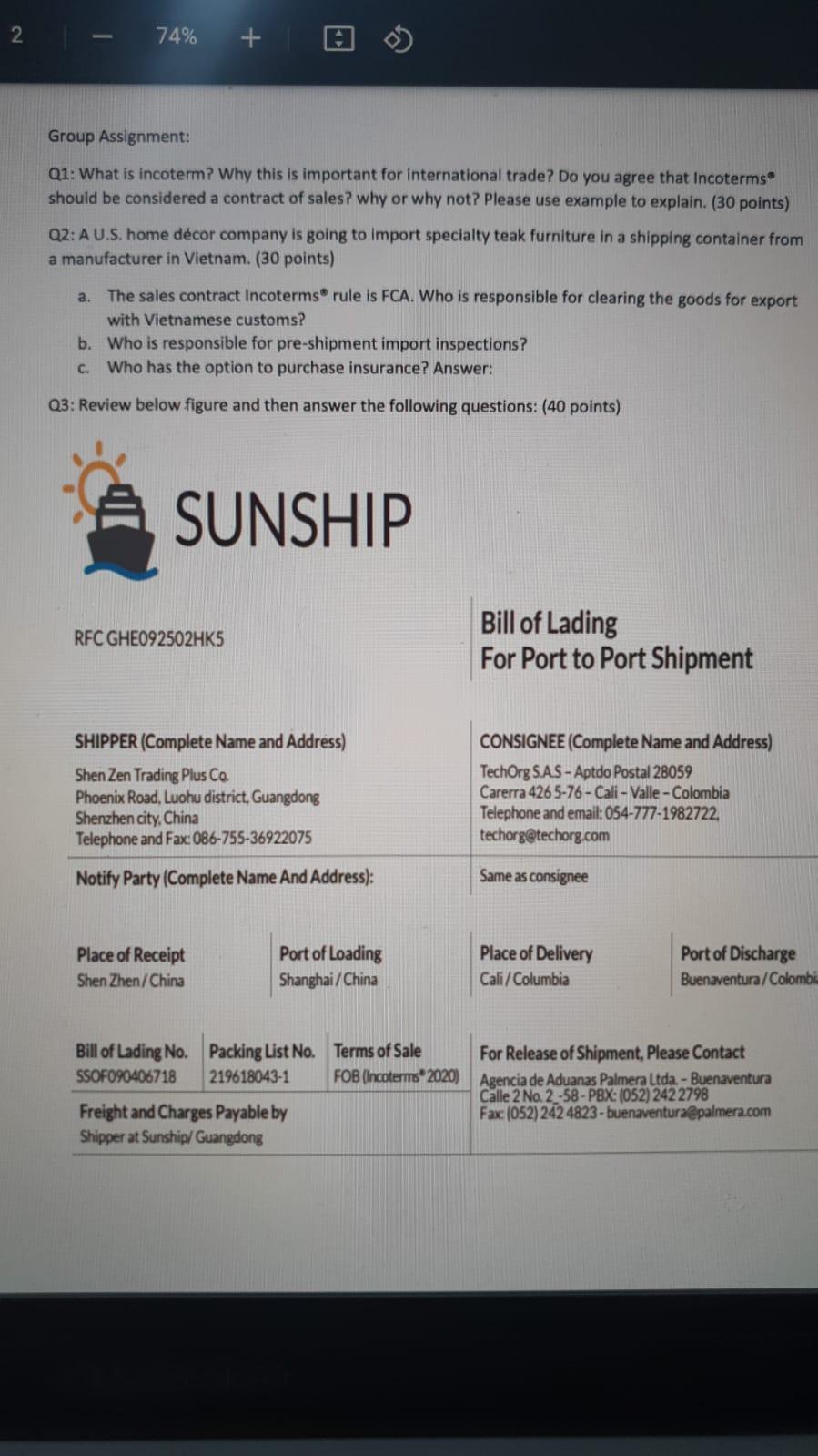 2 74% + Group Assignment: Q1: What is incoterm?