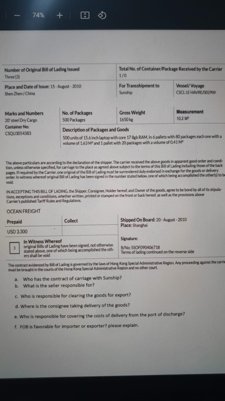 2 74% + Group Assignment: Q1: What is incoterm?