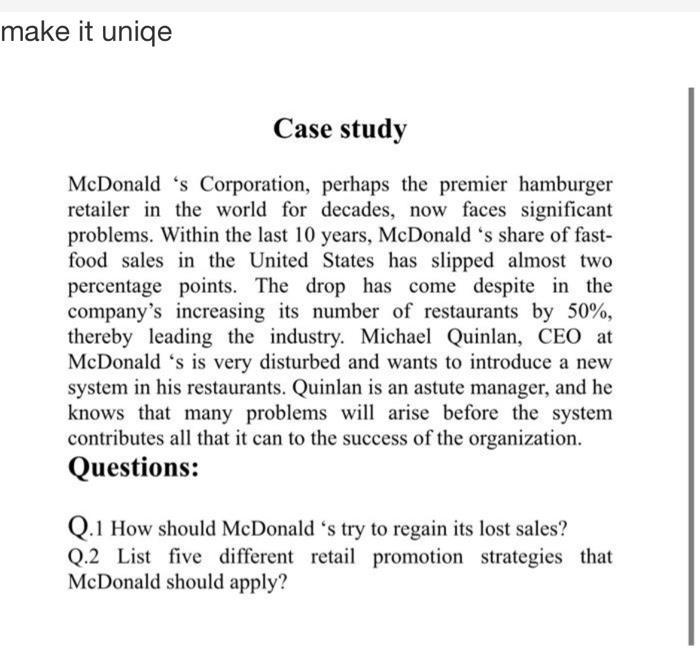 make it uniqe Case study McDonald's Corporation,