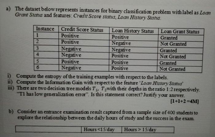 a) The dataset below represents instances for