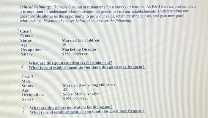 Critical Thinking: Humans dine out at restaurants