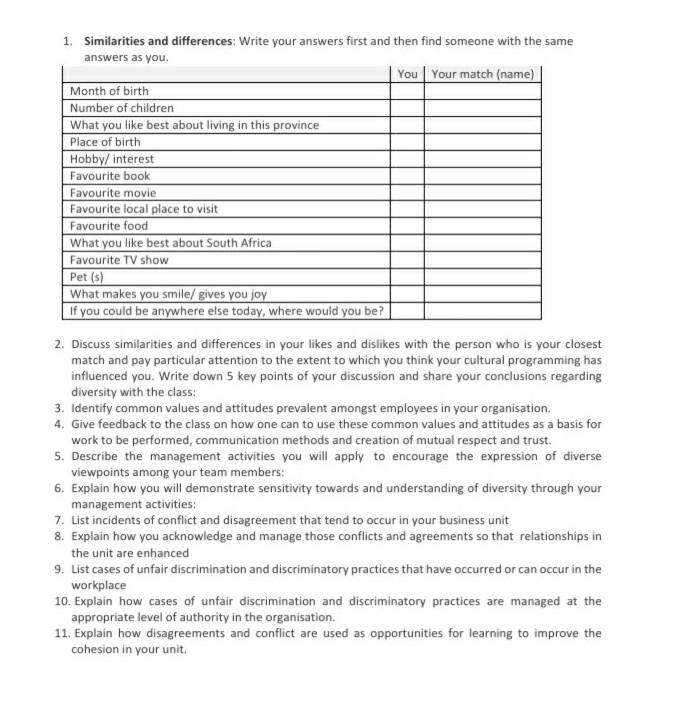 1. Similarities and differences: Write your
