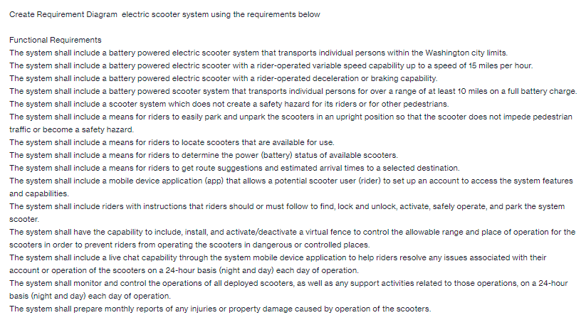 Create Requirement Diagram electric scooter