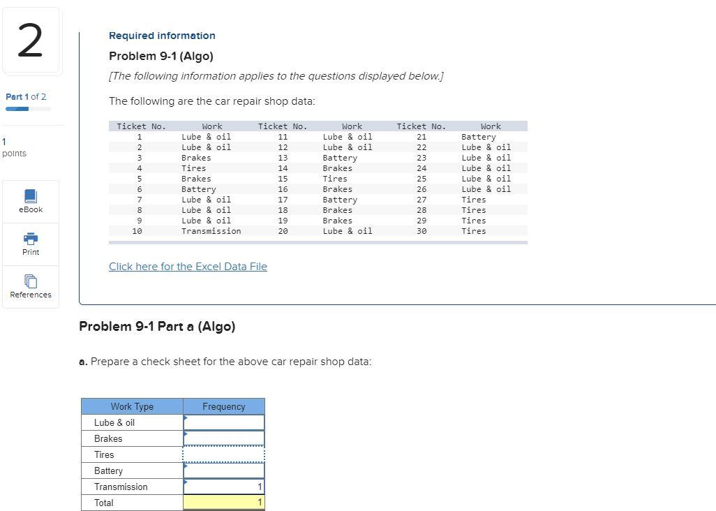 2 Required information Problem 9-1 (Algo) [The
