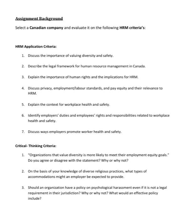 Assignment Background Select a Canadian company