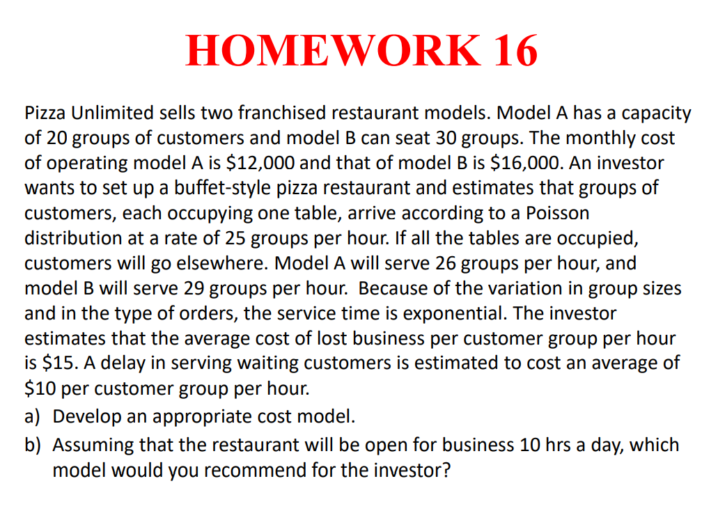 HOMEWORK 16 Pizza Unlimited sells two franchised