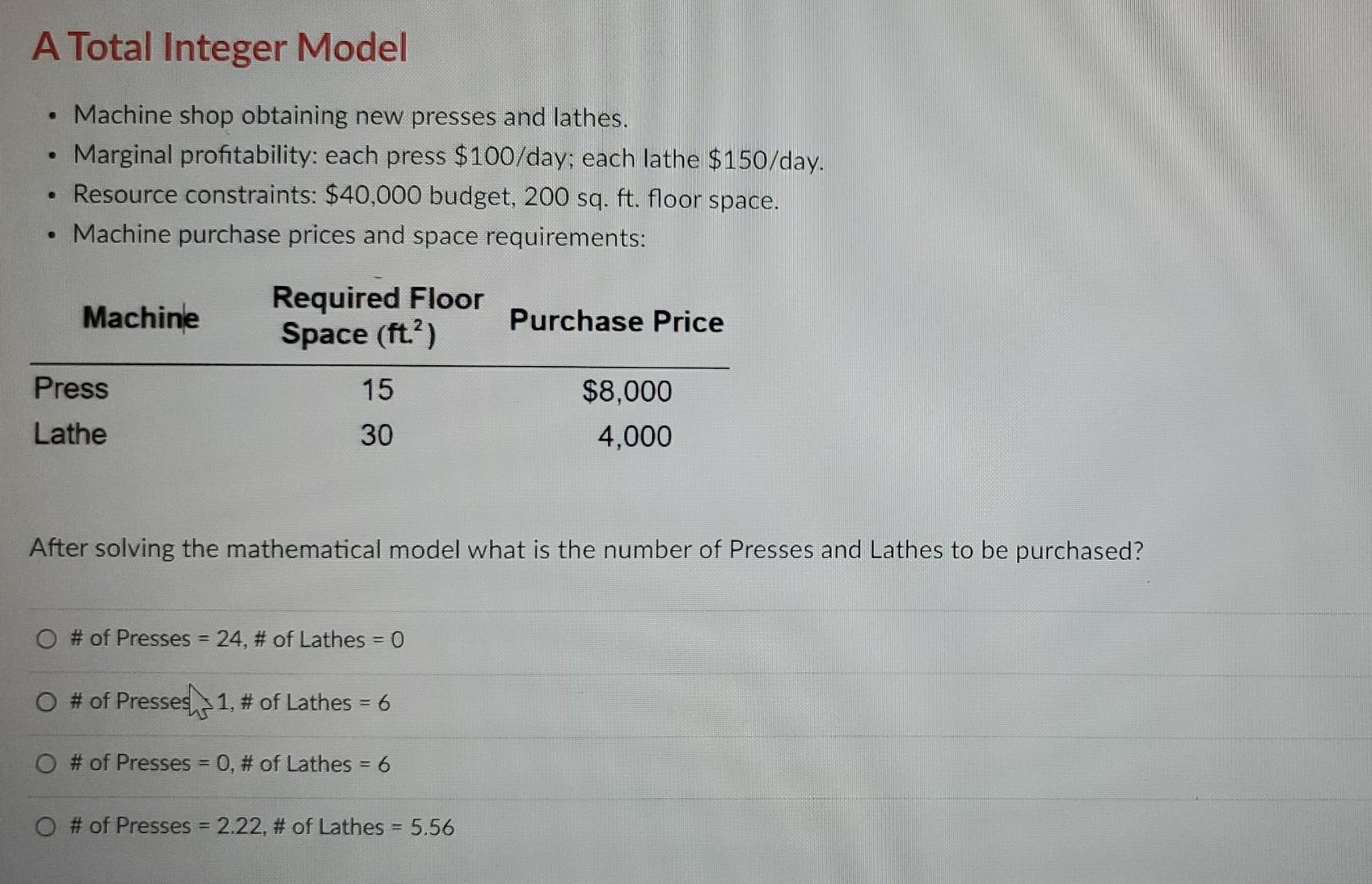 A Total Integer Model Machine shop obtaining new
