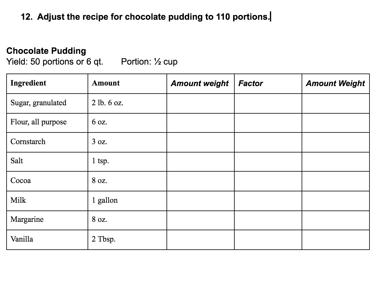 1. Adjust the recipe for chocolate pudding to 110