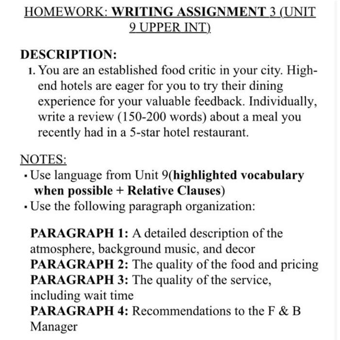 HOMEWORK: WRITING ASSIGNMENT 3 (UNIT 9 UPPER INT)