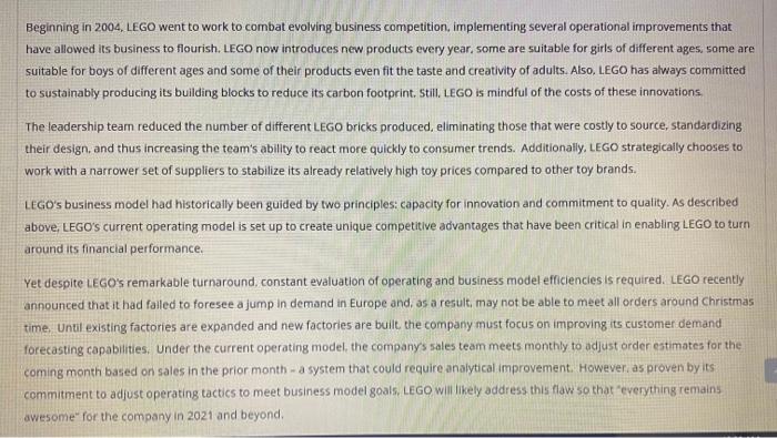 MAKT 421 - LEGO Q3 Question 1(10 marks): Please