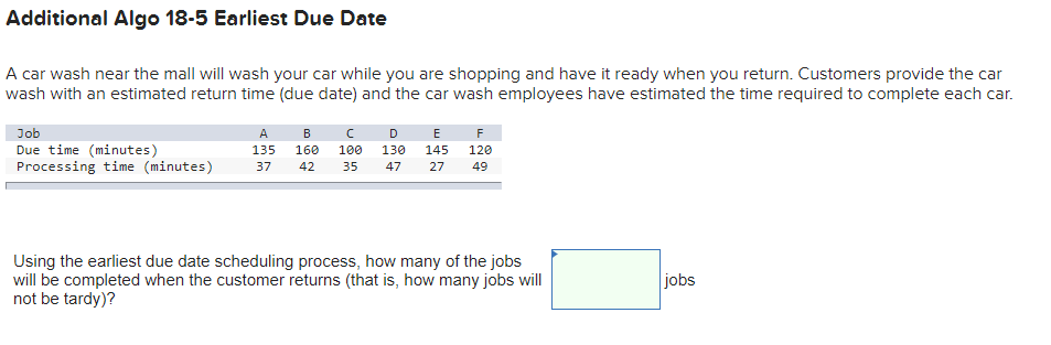 Additional Algo 18-5 Earliest Due Date A car wash