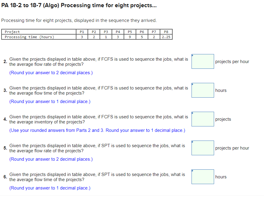 PA 18-2 to 18-7 (Algo) Processing time for eight