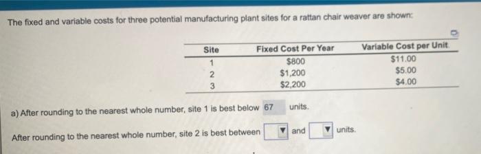 The fixed and variable costs for three potential