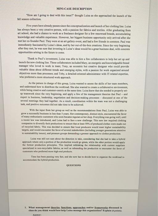 MINI-CASE DESCRIPTION "How am I going to deal