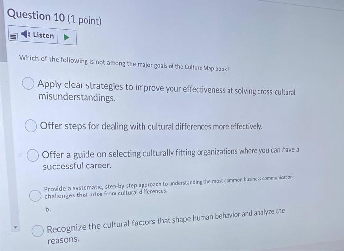 Question 10 (1 point) 1) Listen Which of the
