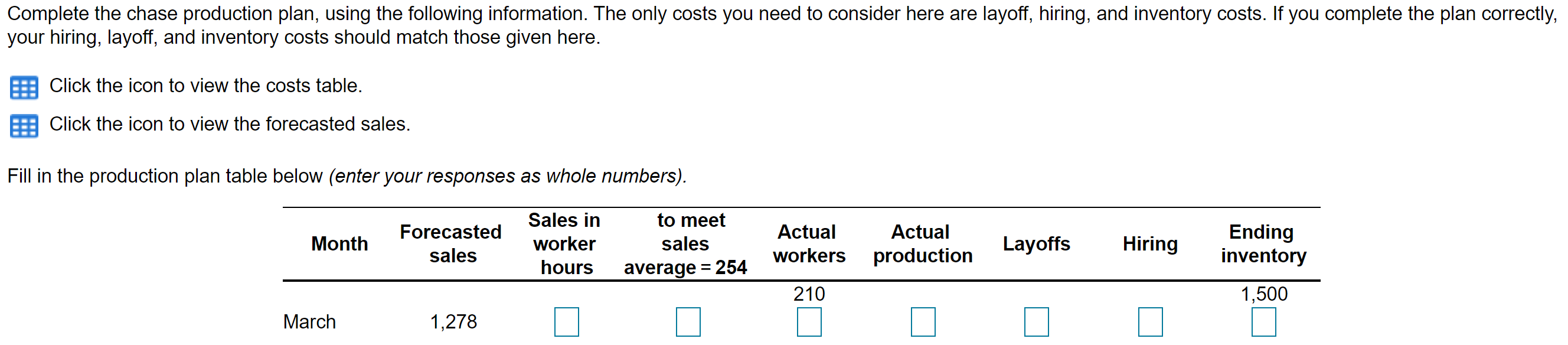 Complete the chase production plan, using the
