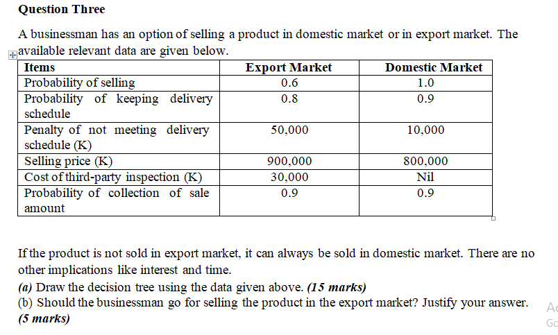 Question Three A businessman has an option of