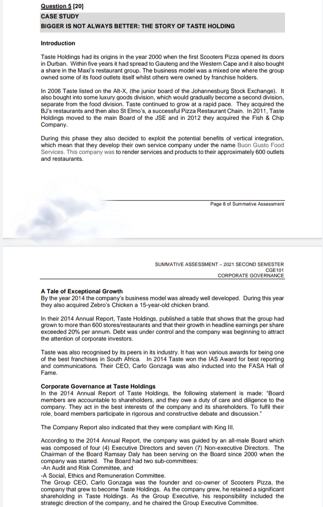 Question 5 (20) CASE STUDY BIGGER IS NOT ALWAYS