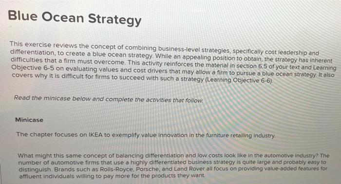 Blue Ocean Strategy This exercise reviews the