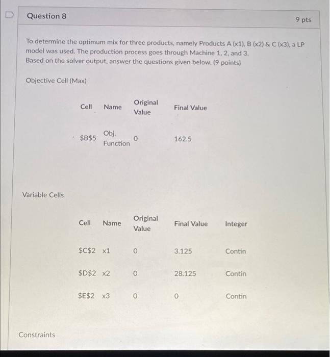 Question 8 9 pts To determine the optimum mix for