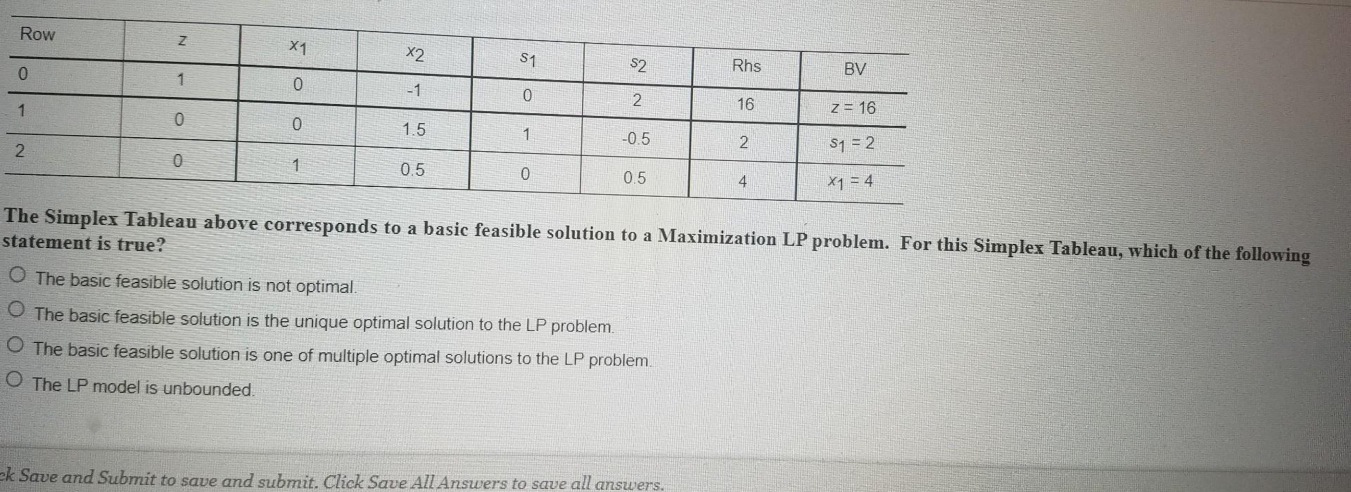 Row Z X1 X2 S1 S2 Rhs 0 BV 1 0 0 2 1 16 z = 16 0