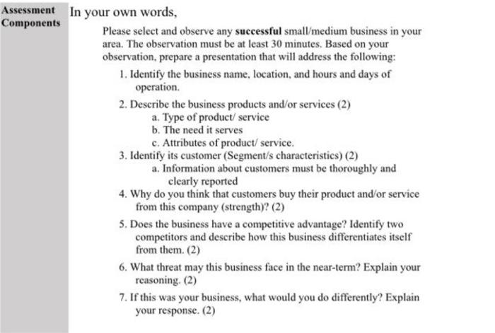 I want the seven questions answered Assessment In