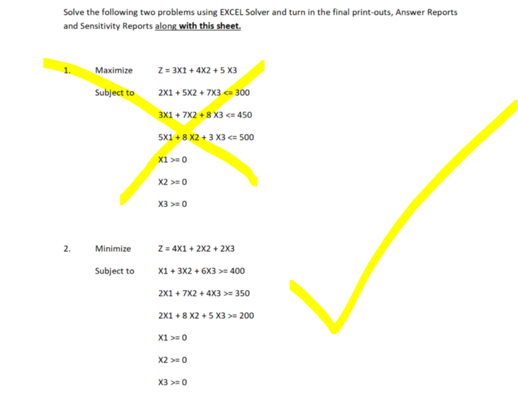 Solve the following two problems using EXCEL