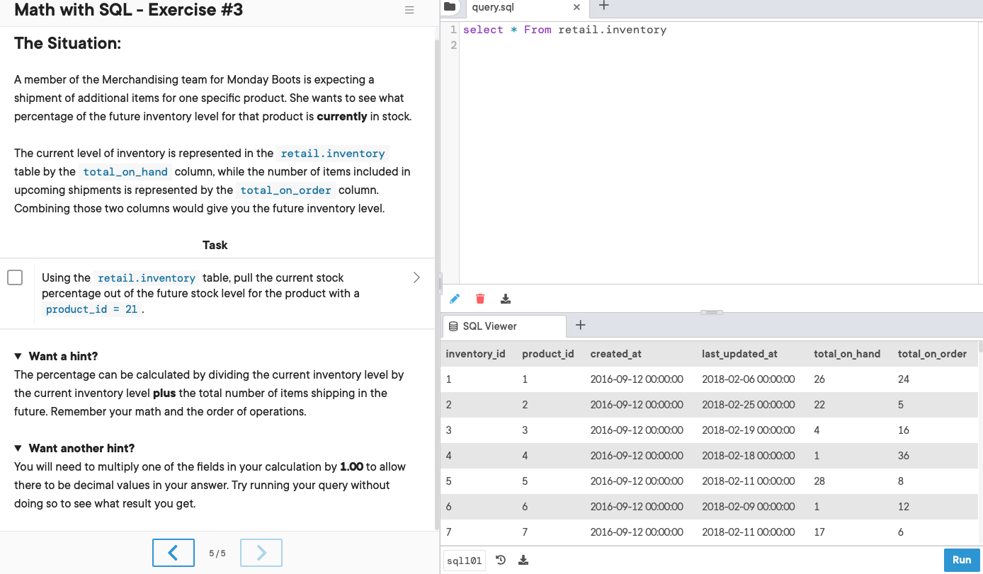 Math with SQL - Exercise #3 query.sql = The