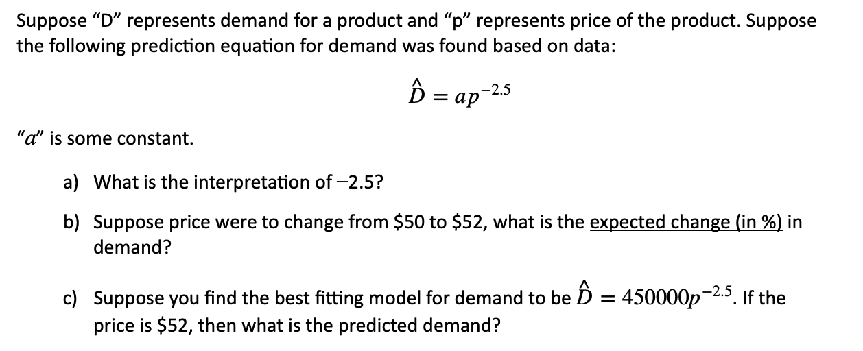 Suppose D represents demand for a product and p
