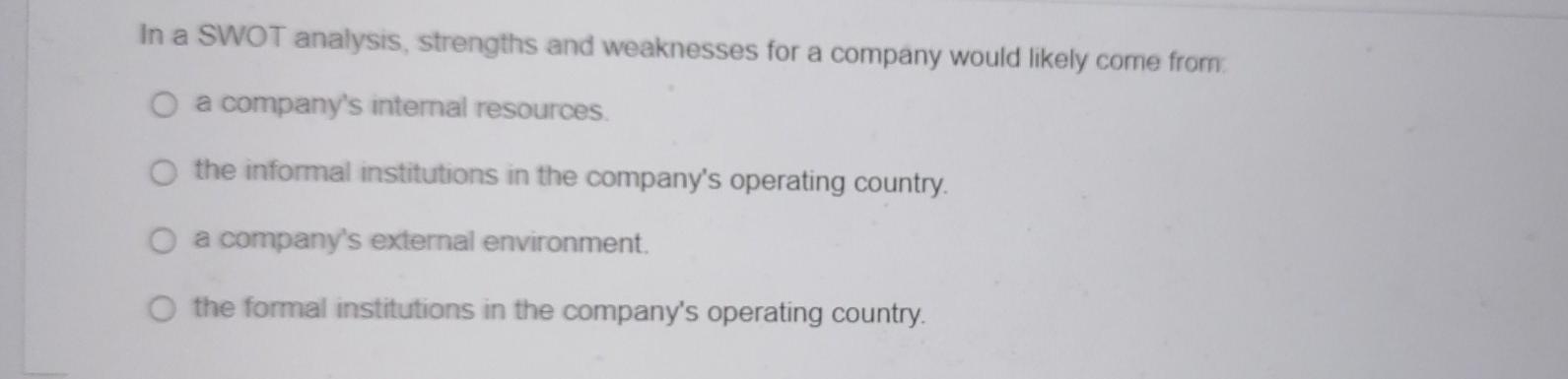 In a SWOT analysis, strengths and weaknesses for