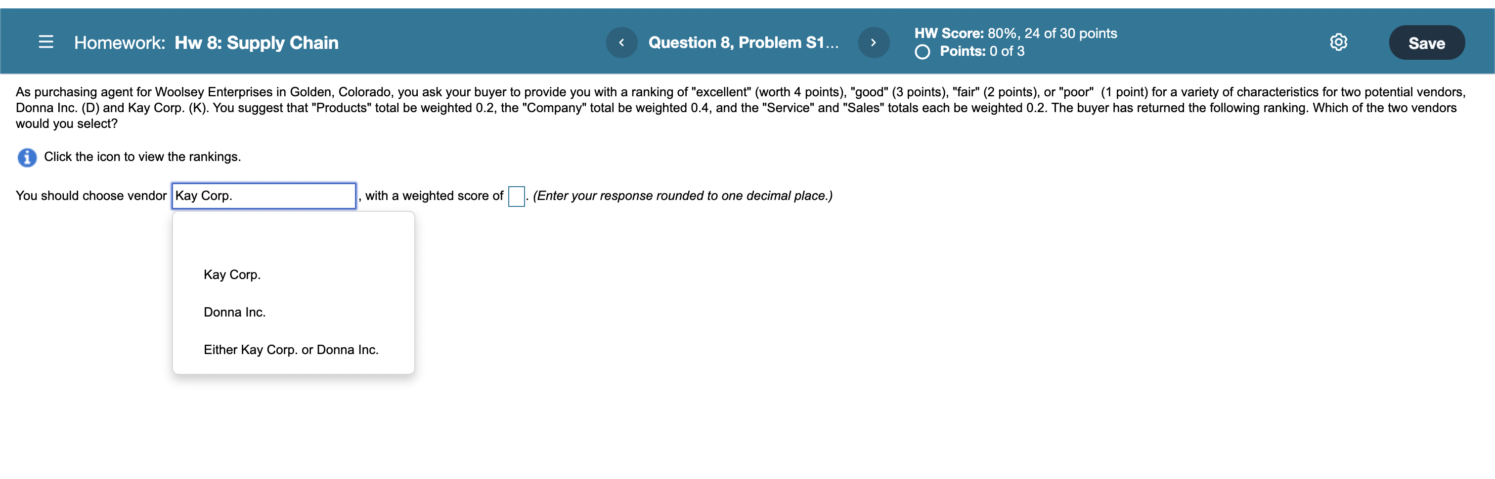 Homework: Hw 8: Supply Chain < Question 8,