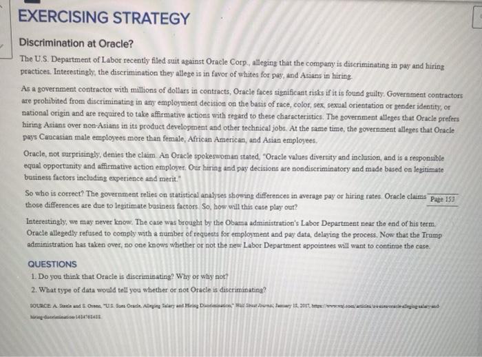 EXERCISING STRATEGY Discrimination at Oracle? The